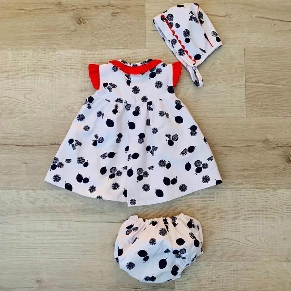 BABY FERR | White-Blue-Red | Fruits Matching Set with Bonnet